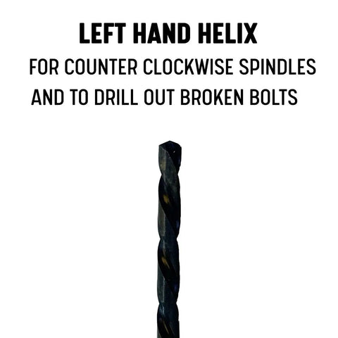 Left Hand High Speed Steel Drill Bit emphasizing left-hand helix for counter clockwise spindles and bolt removal, DWDLH Series.