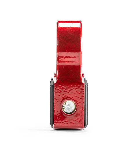 Front view of FlatLink Folding Winch Shackle Bracket For Off Road 4x4s, Low Profile Mount, sturdy 16,000 lb capacity, red color