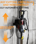 No Sweat 150W Circular Saw Guide Rail Kit With Adjustable Cutting Depth And One Touch Lift mounted on a wall for vertical and horizontal cutting.