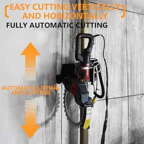 No Sweat 150W Circular Saw Guide Rail Kit With Adjustable Cutting Depth And One Touch Lift mounted on a wall for vertical and horizontal cutting.