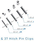 Image of a 74-Piece Zinc-Plated Clevis Pin Set With Assorted Sizes For Mowers, Trailers, Gates And Handy DIY Projects, Includes 1/2 x 2, 7/16 x 2, 3/8 x 2, 5/16 x 2, 1/4 x 2 And More Heavy-Duty Fasteners For Quick Fixes, including pins lined up in size order.