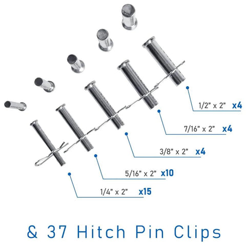 Image of a 74-Piece Zinc-Plated Clevis Pin Set With Assorted Sizes For Mowers, Trailers, Gates And Handy DIY Projects, Includes 1/2 x 2, 7/16 x 2, 3/8 x 2, 5/16 x 2, 1/4 x 2 And More Heavy-Duty Fasteners For Quick Fixes, including pins lined up in size order.