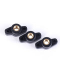 Front view of three black plastic wing knobs with brass 1/4-20 threaded inserts for through-hole T-track fixtures.