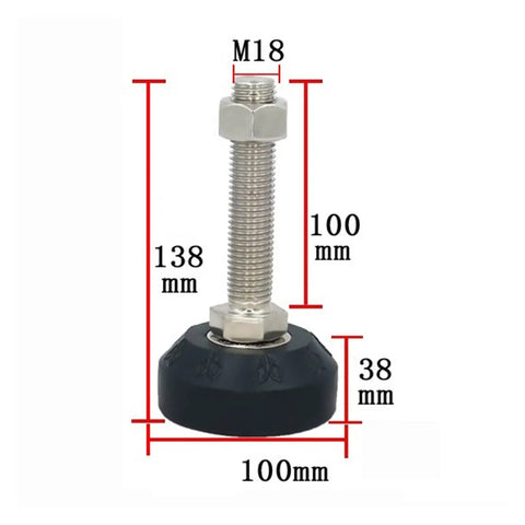 Rock Solid Adjustable Leveling Feet 8 Pack Threaded M12 M16 M18 Rotating Bases with 100mm base and 138mm height.