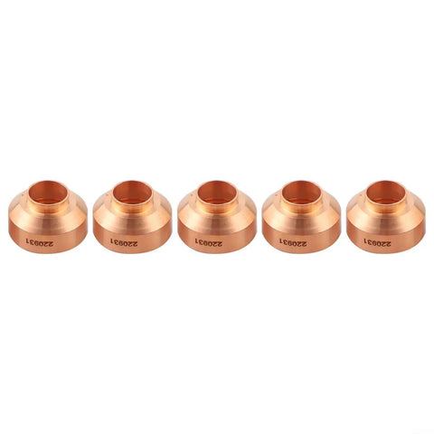 Ten Pack Fine Shield 220931 For Hypertherm Pmx 45Xp 65 85 105 Plasma Cutter replacement parts, five copper shields in a row.