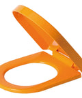Tough Square Toilet Seat With Buttery Smooth Soft Close Lids And Super Quick Release Hinges For Hassle Free Cleaning Plus Durable Polypropylene Construction In Classic White, orange lid open view.