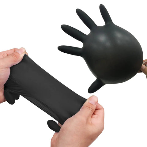 Hands stretching and inflating Black Nitrile Gloves 4 Mil Disposable 100 Pack Large Size Powder Free Latex Free Durable Exam Gloves