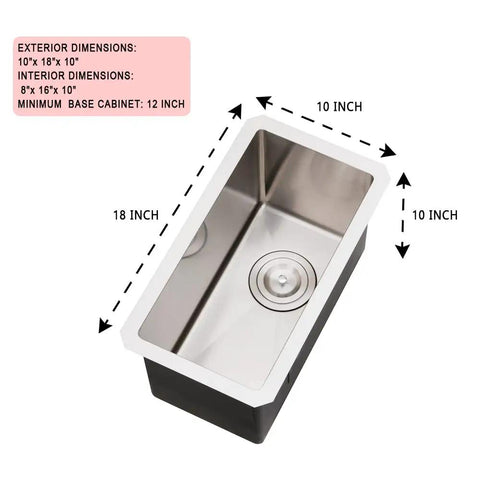 Top view of 10 Inch Undermount Bar Sink Built From 16 Gauge Stainless Steel, Single Bowl Bar Prep Sink With R10 Tight Radius, 10x18 Inch