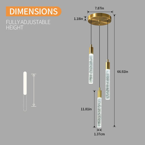 Dimensions illustration for Modern Minimalist Gold Pendant Light Fixture For Kitchen Island Dimmable LED Crystal 3-Light Chandelier