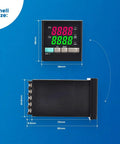 PID Temperature Controller Kit With 100 To 240V AC Power, front and side view showing dimensions, black casing with display.