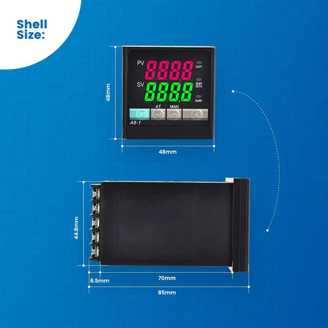 PID Temperature Controller Kit With 100 To 240V AC Power, front and side view showing dimensions, black casing with display.