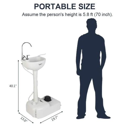 Super Heavy Duty Portable Foot Pump Wash Station With Smooth Rollin Base And No Fuss Soap Tray Plus Sturdy Hanging Rack Made For Outdoor Work Sites Rv Camps And Backyards size comparison with dimensions shown.