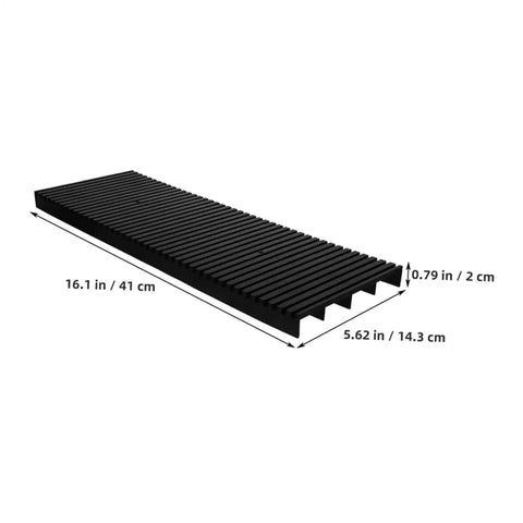 Two Piece Static Bar Rack Kit With Strips And PCB Feet, side view showing dimensions 16.1 x 5.62 x 0.79 inches, black color.