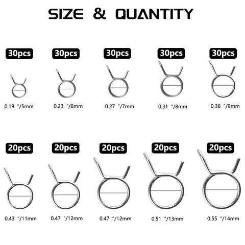 250 Piece Double Wire Fuel Line Hose Clip Assortment Kit For Motorcycle And ATV 5 To 14 Millimeter Spring Clips Clamps Set