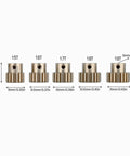 Five metallic gear sprockets, different tooth sizes from 15T to 19T, with measurements shown in inches and millimeters.