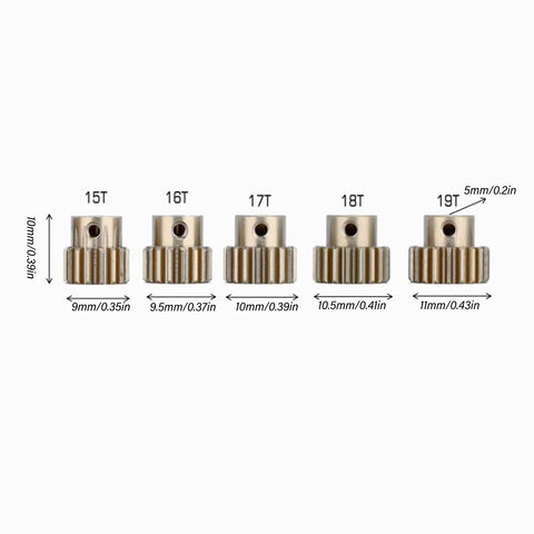 Five metallic gear sprockets, different tooth sizes from 15T to 19T, with measurements shown in inches and millimeters.