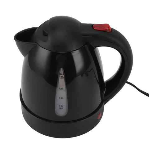 12V Car Water Heater Portable Electric Kettle With Auto Shut Off Safety Overheat Protection showing black plastic design, 1L capacity.
