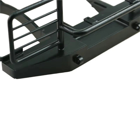 Close-up of Beefy One Tenth Scale RC Car Chassis Frame Kit bumper, metal construction, durable and rugged for off-road vehicles.