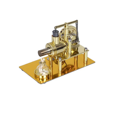 Premium Gold Stirling Engine Generator With Real Moving Pistons And Soft Led Accents, polished gold finish and piston details.