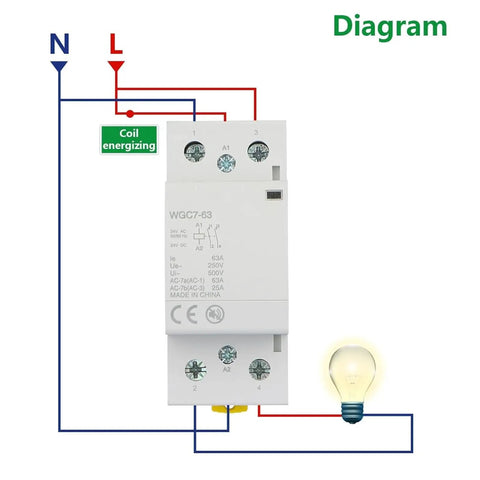 Heavy Duty 63A Two Pole Din Rail Contactor With 24V Ac Dc Coil diagram showing coil energizing and connections.
