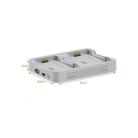 Flip Drone Dual Battery Charging Hub 2-Way Power Bank Charger Station showing dimensions of 12cm x 8.6cm x 2cm.