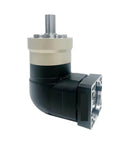 Stepper Motor Planetary Gearbox Right Angle Speed Reducer Round Flange Output with silver shaft and black housing.
