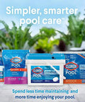 Clorox Pool products including chlorine, pH down, and shock for easy pool care with vibrant tropical background.