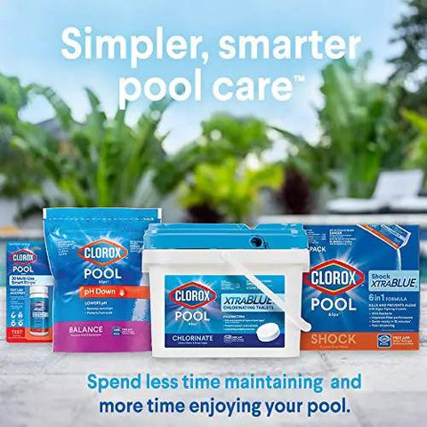 Clorox Pool products including chlorine, pH down, and shock for easy pool care with vibrant tropical background.