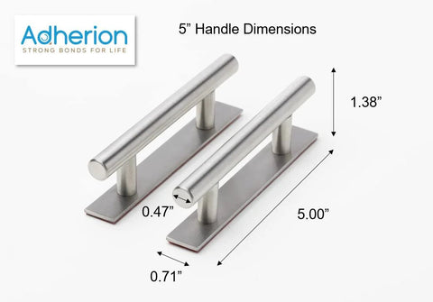 5 Inch Brushed Nickel Adhesive Cabinet Handles Set Of 4 with dimensions; metal stick-on drawer pulls with 3M adhesive, modern design