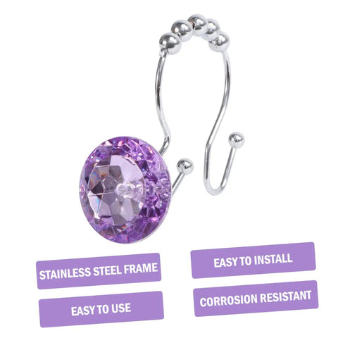 Double Hooks Glide Shower Curtain Rings No Fuss Rust Resistant Stainless Steel Purple Decorative Design For Easy Hanging