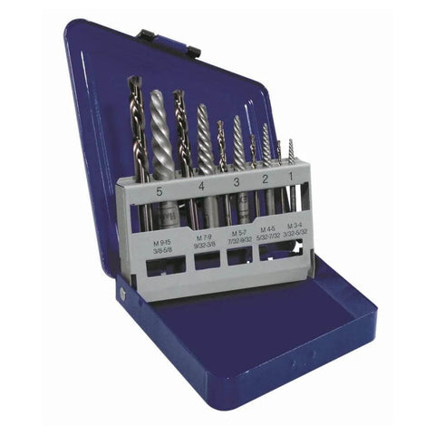 Irwin screw extractor/drill bit set, 10-piece in blue case with gray bit holder, front view