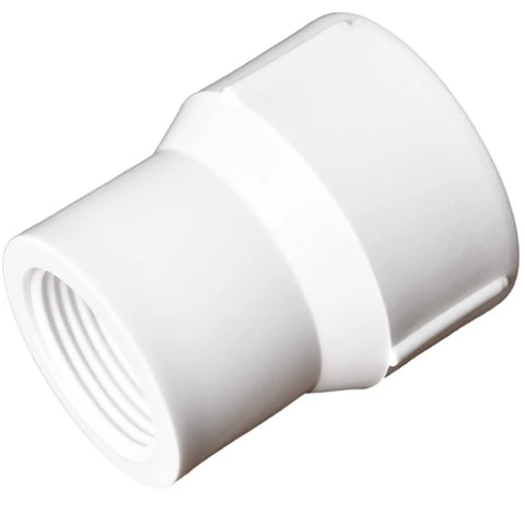 White PVC reducing coupling with female threads, 3/4 to 1 inch, part of Ten Pack PVC Reducing Female To Female Threaded Couplings Kit.