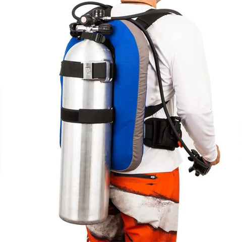 Back view of Hydro Lite BC Ultralight Travel Harness BCD With 30 Lb Lift Aircell For Scuba Divers X Large Black Blue