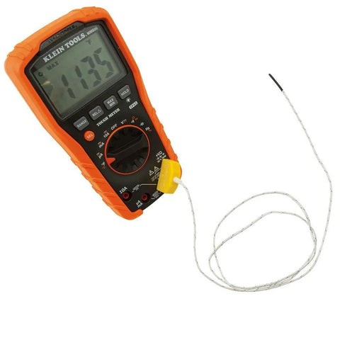Klein Tools 69028 replacement thermocouple for digital multimeter; orange handheld meter with twisted probe wire.