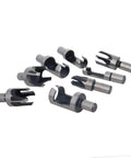 Top Shelf Eight Piece Wood Plug Cutter Drill Bit Set High Carbon Steel Tapered Chamfered hole saws displayed on white background.