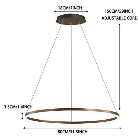 Modern Led Ring Chandelier With Dimmable Halo Pendant Light 31.5 Inch Circular Fixture In Metal And Acrylic, shown with dimensions