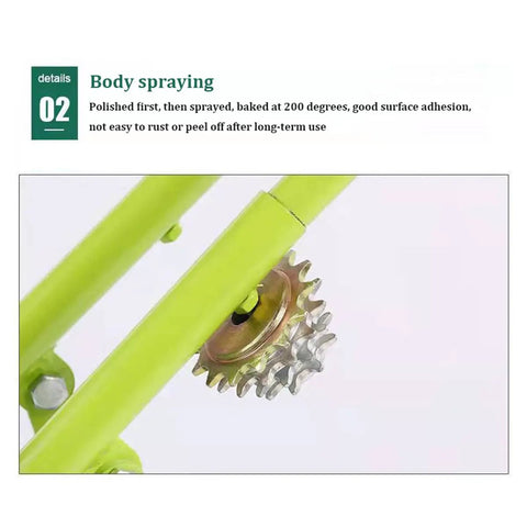 Close-up of gear and frame of Hand Push Garden Seeder With Metal Precision Hopper Walk Behind Row Crop Planter Manual Roller Seeding