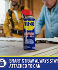 WD-40 can with smart straw in workshop setting, All Purpose Lubricant That Drives Out Moisture and Fights Rust