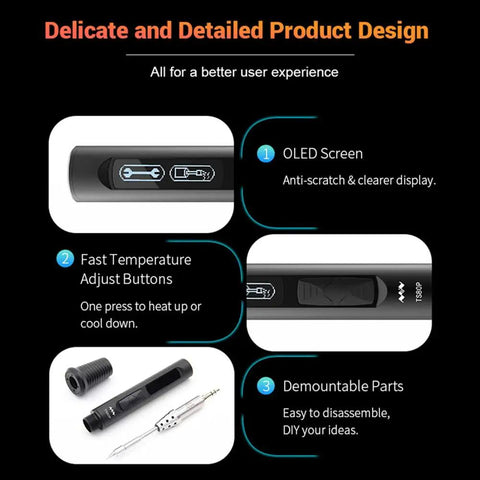 Portable USB Type C Soldering Iron With OLED Display And 30W Power Smart Quick Heat Up To 300 Degrees Celsius features