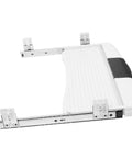 Under Desk Keyboard Tray With Slick Glide Mechanism And Ergonomic Wrist Rest For Smooth Typing Sessions showing white slide-out platform with gliding rails.