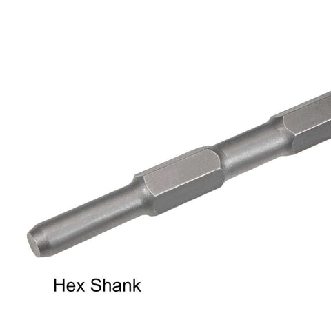 Side view of masonry scraping chisel with hex shank, metal tool