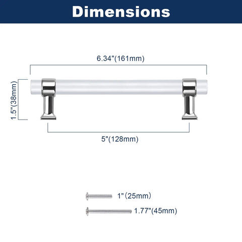 5 inch center to center acrylic cabinet handle dimensions, polished chrome ends, suitable for kitchen or dresser installations.