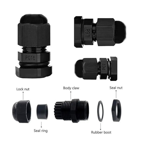 Components of Waterproof Nylon Cable Gland Kit 3 To 13 mm Adjustable Threaded Connectors IP68 PG7 PG9 PG11 PG13.5 PG16