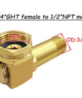 Brass Swivel Elbow Connector For Garden Hose Reels, 3/4 GHT Female To 1/2 NPT Male, brass fitting with thread size labels