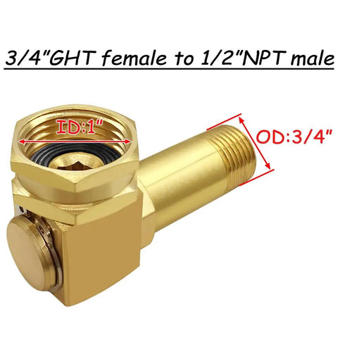 Brass Swivel Elbow Connector For Garden Hose Reels, 3/4 GHT Female To 1/2 NPT Male, brass fitting with thread size labels