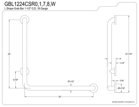 24 By 24 Inch L Shaped Grab Bar Right Hand Matte Black With Concealed Mounting Flanges 304 Stainless Steel diagram