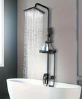 Black Rain Shower System with Handheld, Square Rainfall Head above a white bathtub, featuring a sleek matte black finish.