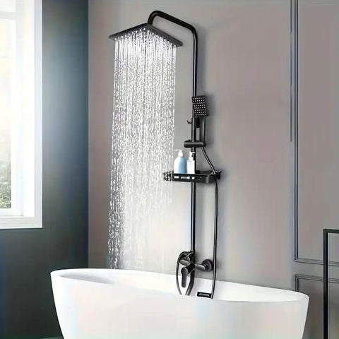 Black Rain Shower System with Handheld, Square Rainfall Head above a white bathtub, featuring a sleek matte black finish.