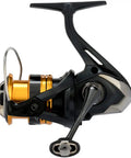 Sahara 1000 FJ Spinning Reels With HAGANE Gear side view showing gold spool and black handle for smooth casting.