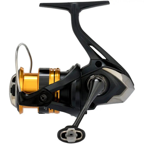 Sahara 1000 FJ Spinning Reels With HAGANE Gear side view showing gold spool and black handle for smooth casting.